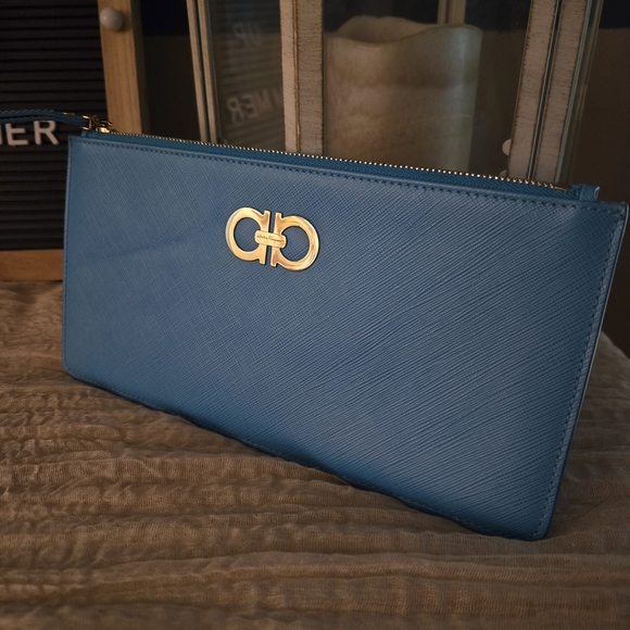 Salvatore Ferragamo Blue Clutch with Gold Logo - Picture 1 of 4